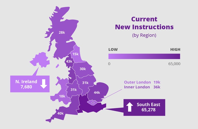Heat map  of UK showing current new instructions by region