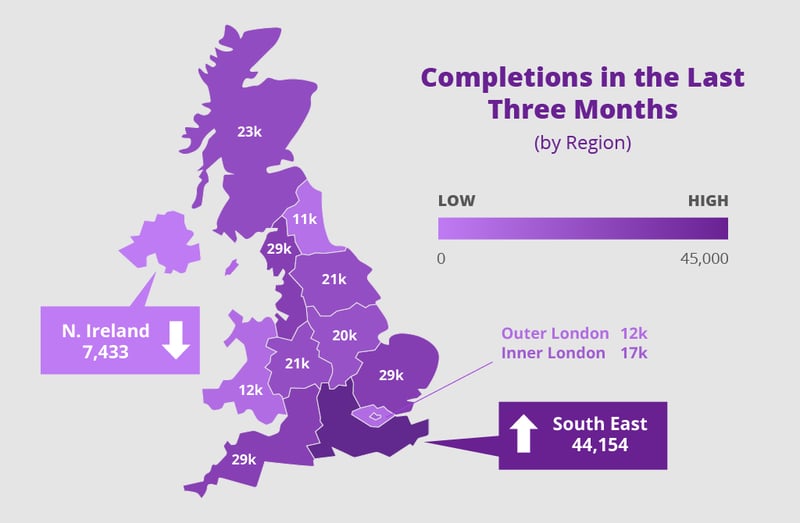 UK heatmap showing completions in the last three months by region