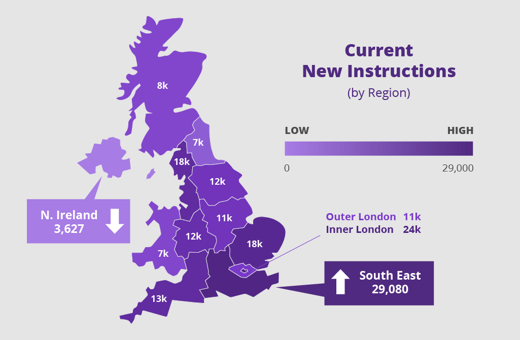 map showing new instructions in UK property market Feb 2022
